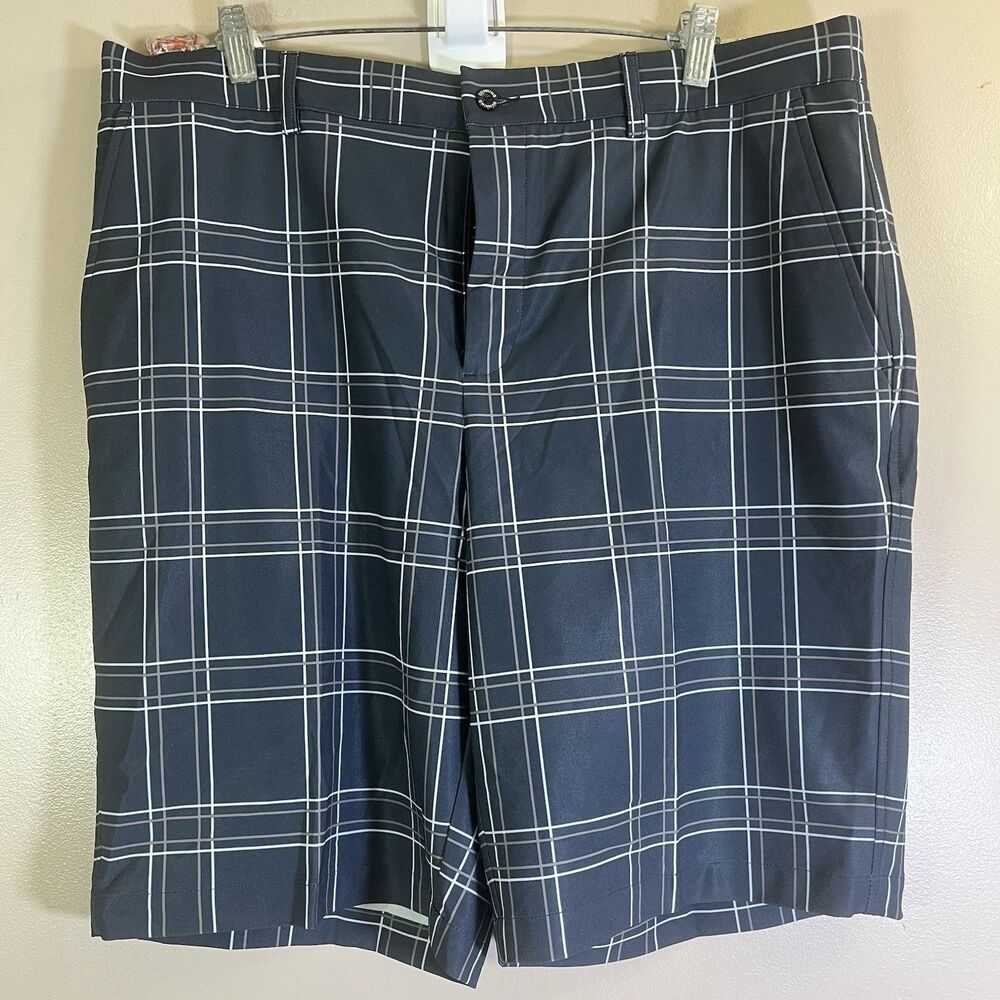 Dunning Golf Shorts Mens 38  Blue Plaid Performance Stretch Flat Front